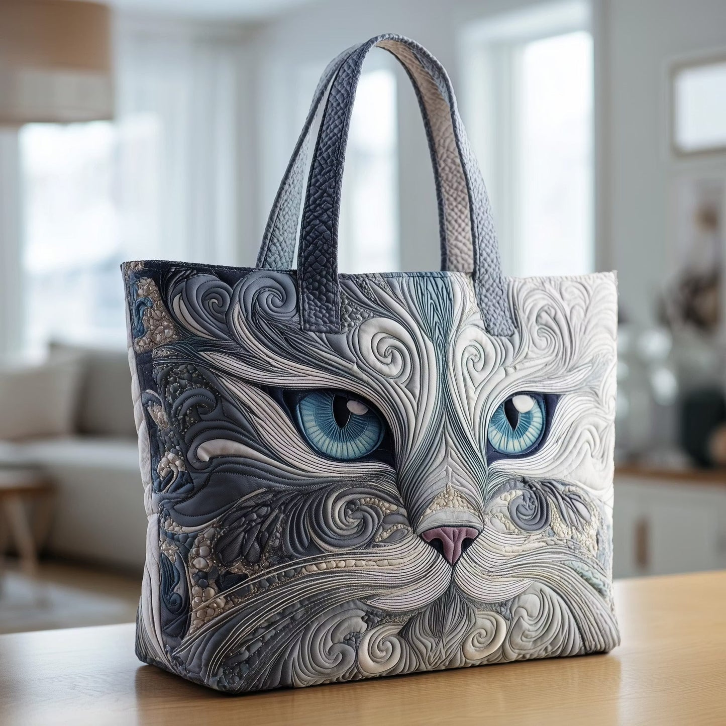 White Cat with Pumpkin Quilted Tote Bag