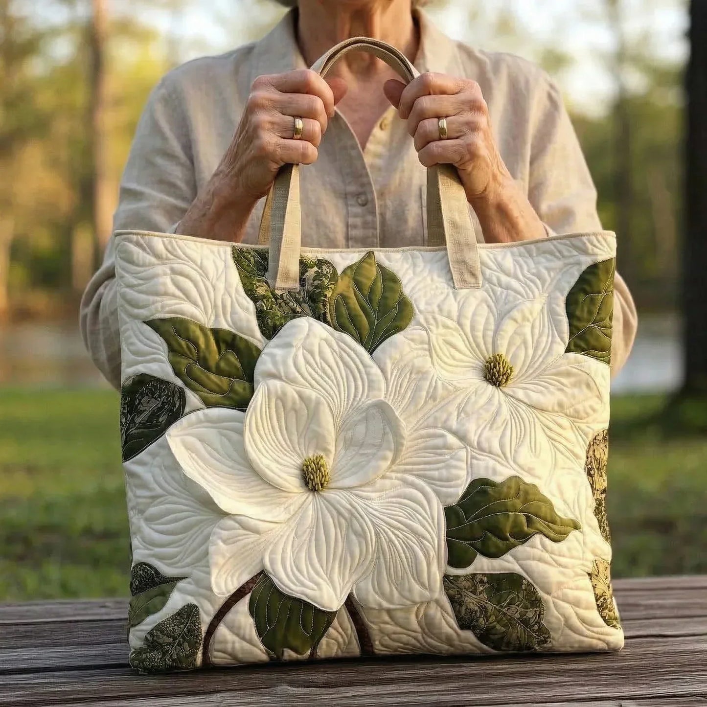 Sack Artisanal Matelassé - Elegant White Lily