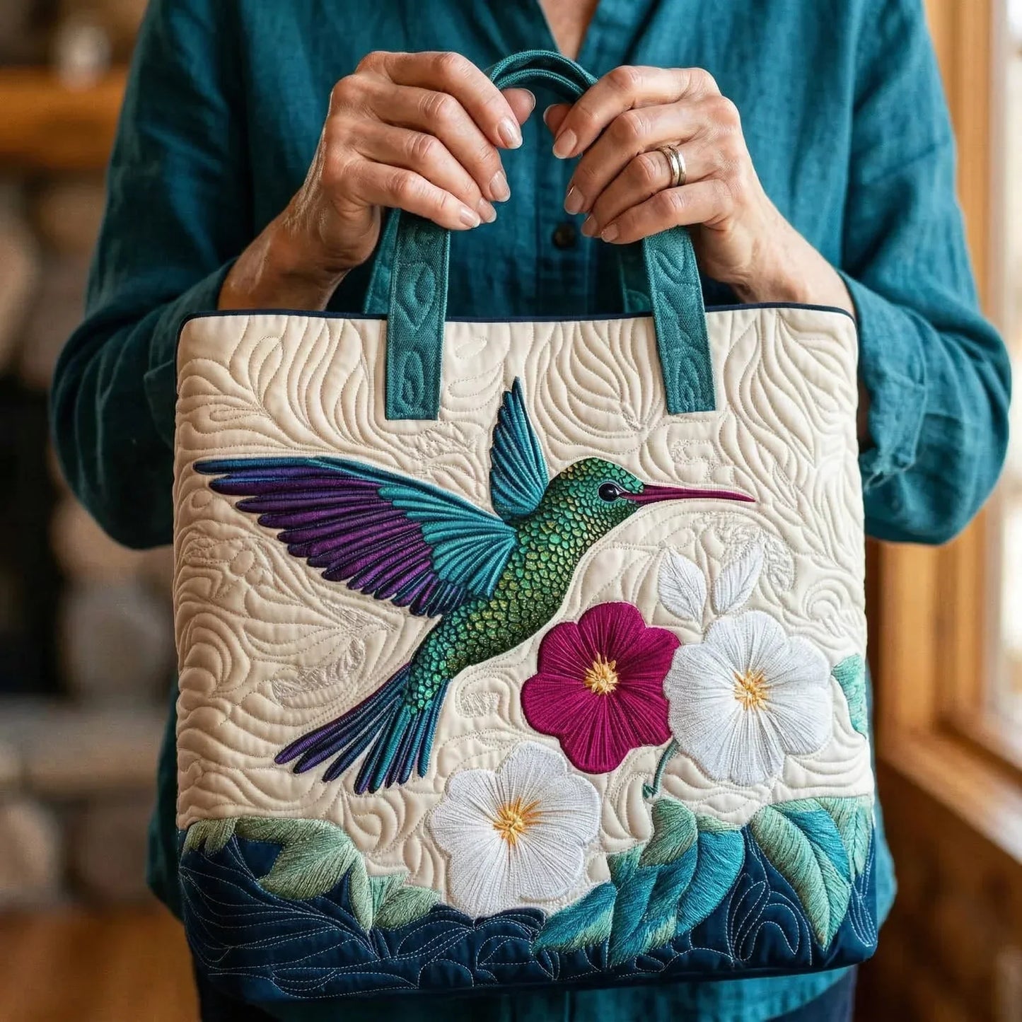 Quilted Bag - Hummingbird and White Flowers