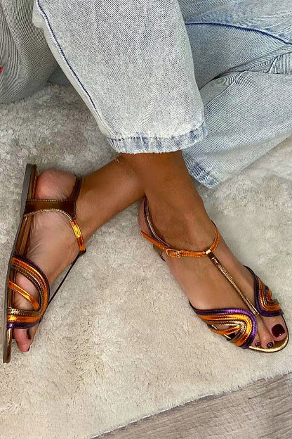 Harper - Golden Sandals with Buckle and Multicolour Strap for Summer