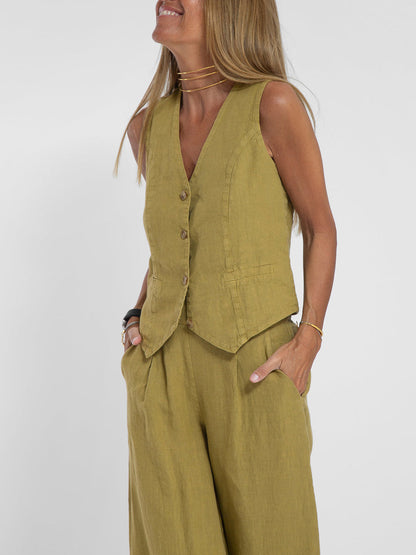 Aira™ – Buttoned Vest &amp; Wide-Leg Trousers Set
