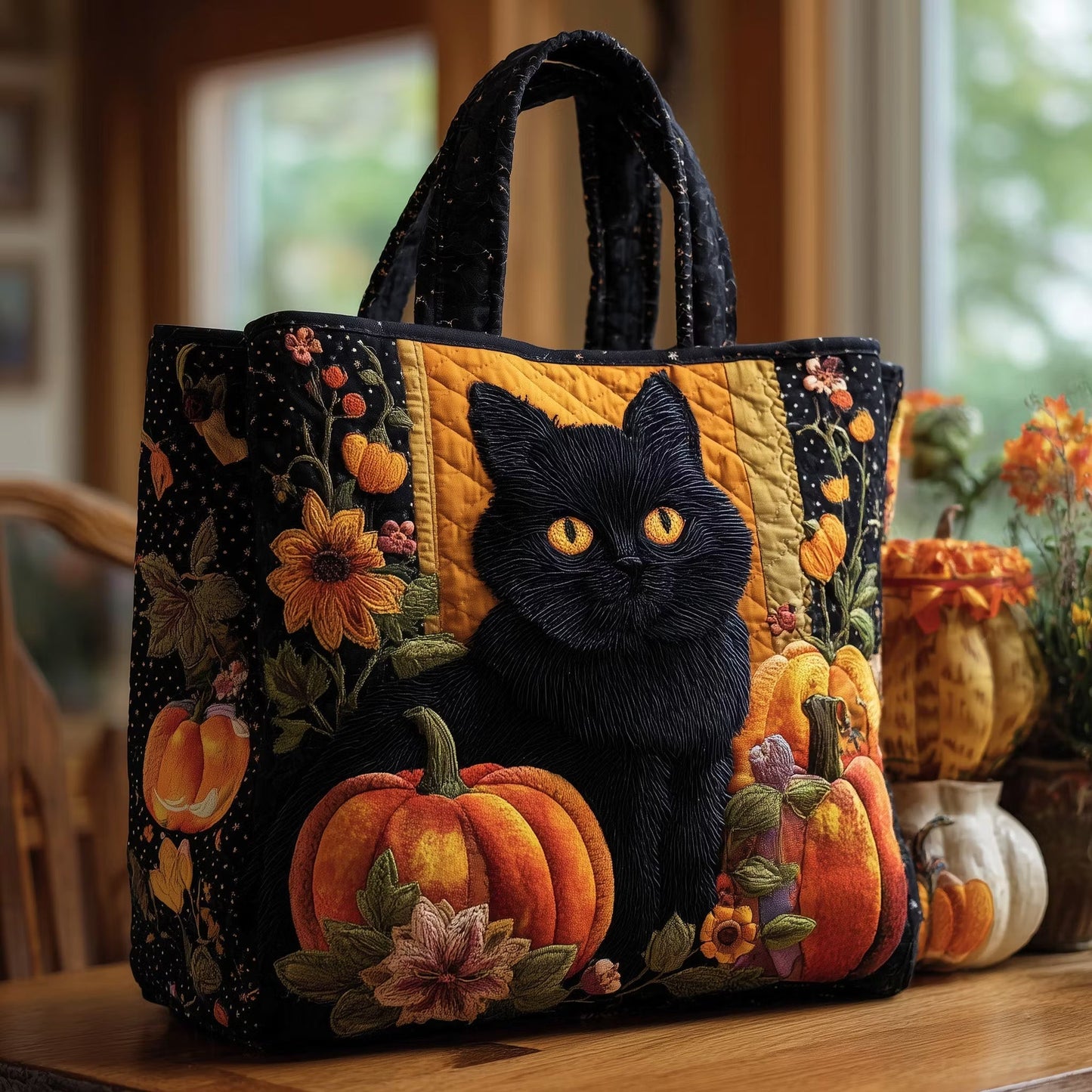 Black Cat with Pumpkin Quilted Tote Bag