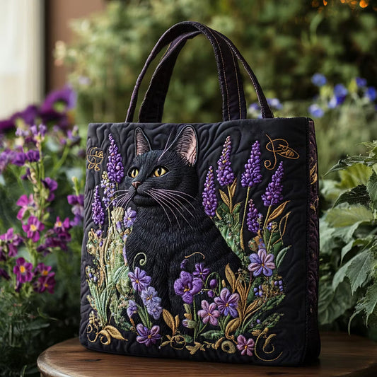 Black Cat with Flowers Quilted Tote Bag