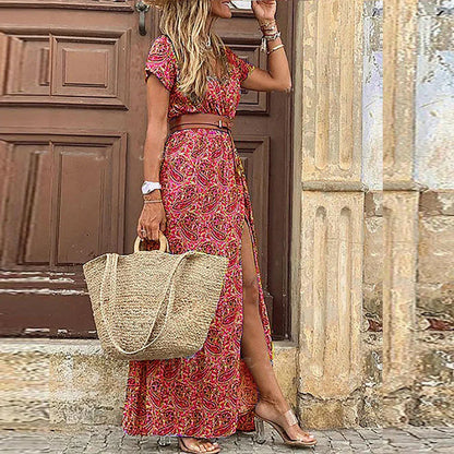 Joselin | Long, Flowy Bohemian Dress with Belt